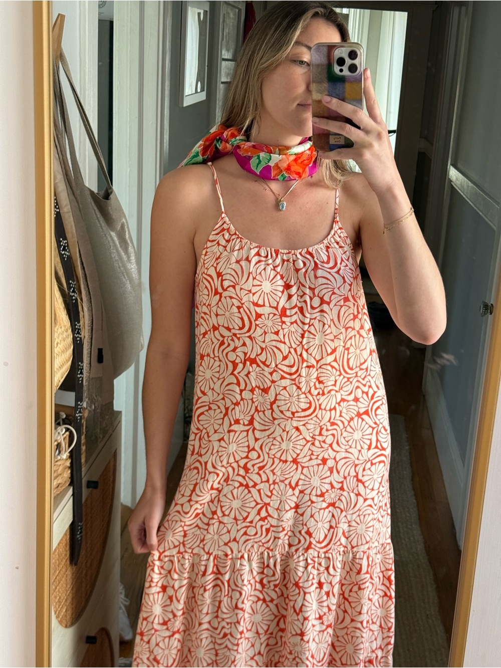 Rachel Zoey Linen Floral Print Maxi Dress in Orange and Cream